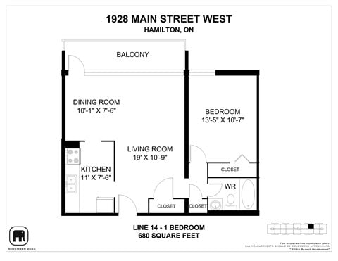 Floor plan for 1 bed, 1 bath, 771 sqft